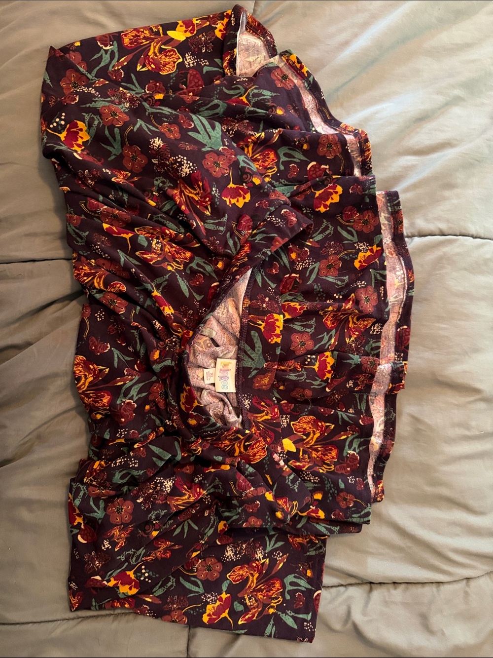 LuLaRoe Burgundy Floral Midi Skirt with Yellow & Green Accents